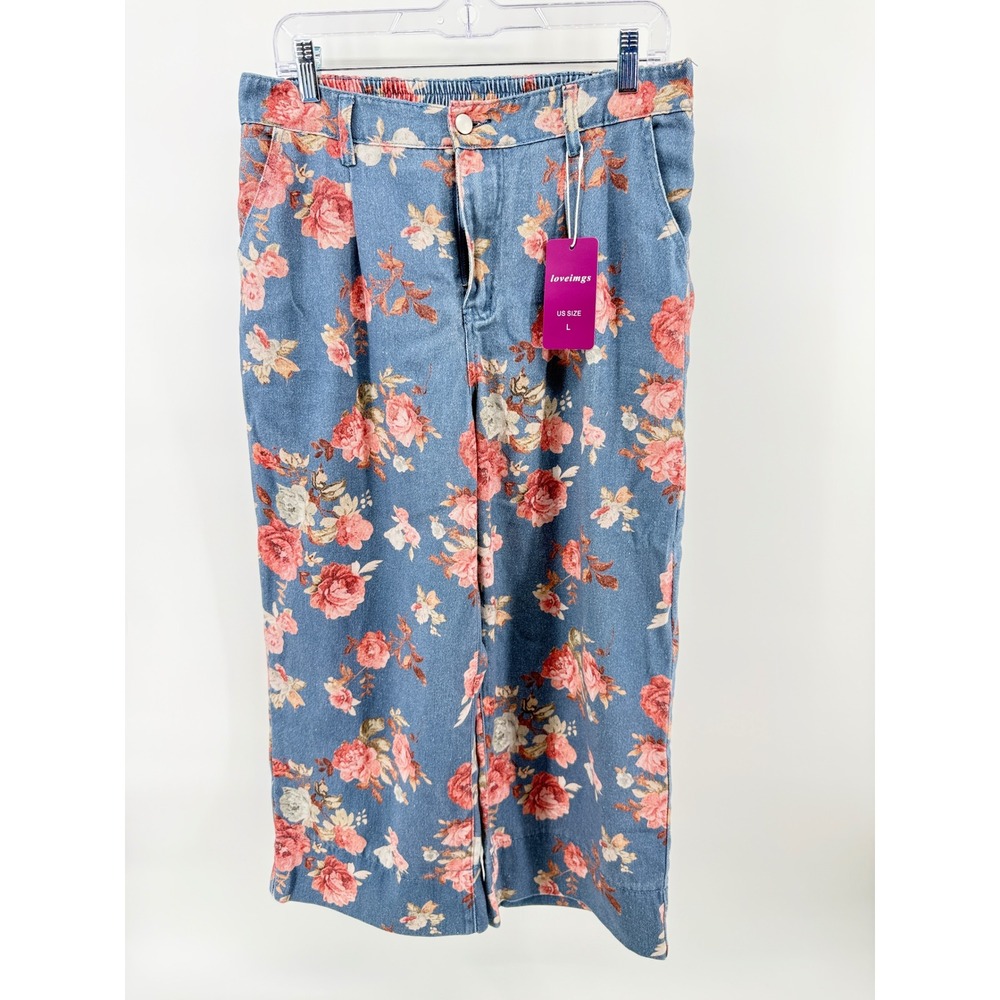 Loveimgs Women Blue Floral Denim Wide Leg Pants High Rise NWT Size Large